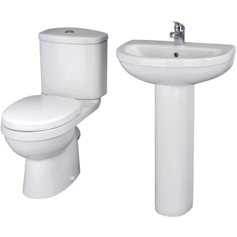 Balterley Vito Bathroom Suite: Close-Coupled Toilet w/ Dual-Flush Cistern, Soft-Close Seat & 550mm 1 Tap Hole Basin, Full Pedestal
