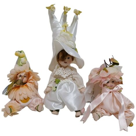 bambola di porcellana-set da 3 statue per collezione-bambina fiori natura vestito in tulle raso rosa bianco made in italy