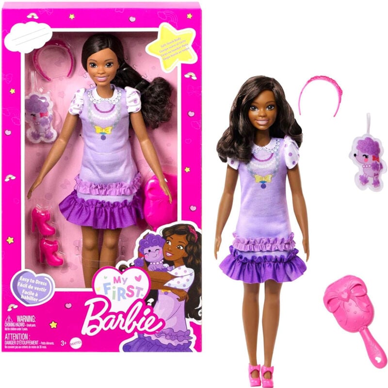 Image of La Mia Prima Barbie Giocattolo Bambola Bambini Snodabile Abito Lilla e Peluche