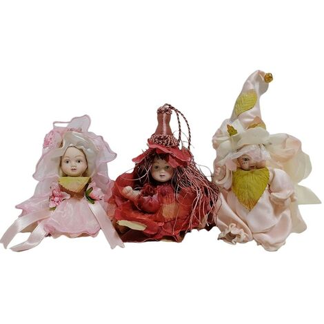 bambola porcellana-set da 3 statue per collezione-bambina fiori natura vestito fiori natura in tulle raso bianco made in italy