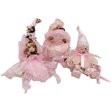 bambola porcellana-set da 3 statue per collezione-vestito rosa in tulle raso pizzo rifinita made in italy