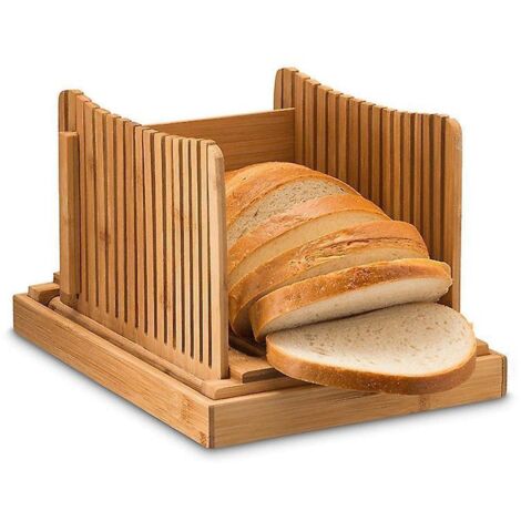 Bamboo bread slicer for homemade bread, adjustable cutting width, foldable with sturdy bamboo cutting board, cuts bagels or even slices of bread