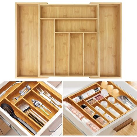 Bamboo Extendable Cutlery Tray 6-8 Compartment Utensil Holder Organiser Drawer
