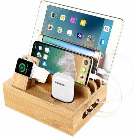Bamboo Ladestation Tischständer und Ladestation für mehrere Geräte Dockingstation Ladestation für Handy/Tablet/Apple Watch/Airpods,