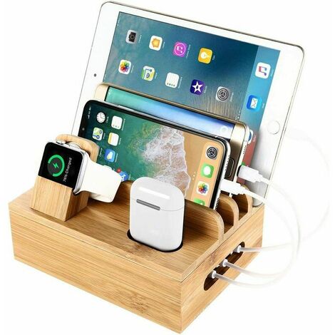 Bamboo Ladestation Tischständer und Ladestation für mehrere Geräte Dockingstation Ladestation für Handy/Tablet/Apple Watch/Airpods