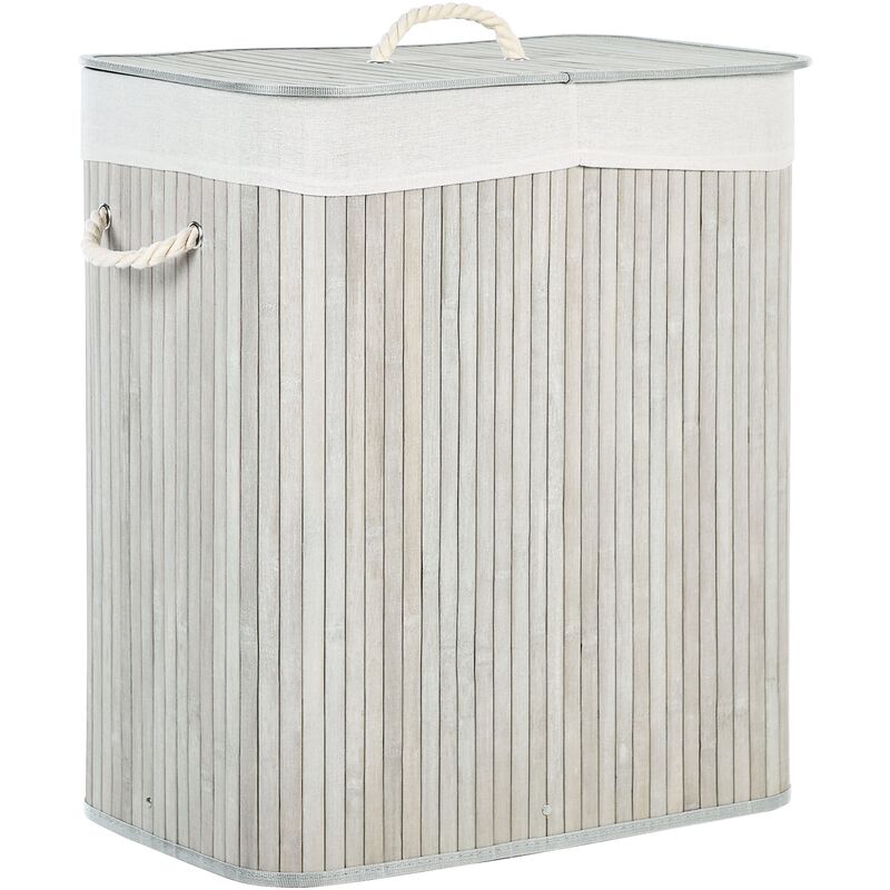 Bamboo Laundry Basket Hamper 2-Compartment with Lid Grey Kandy