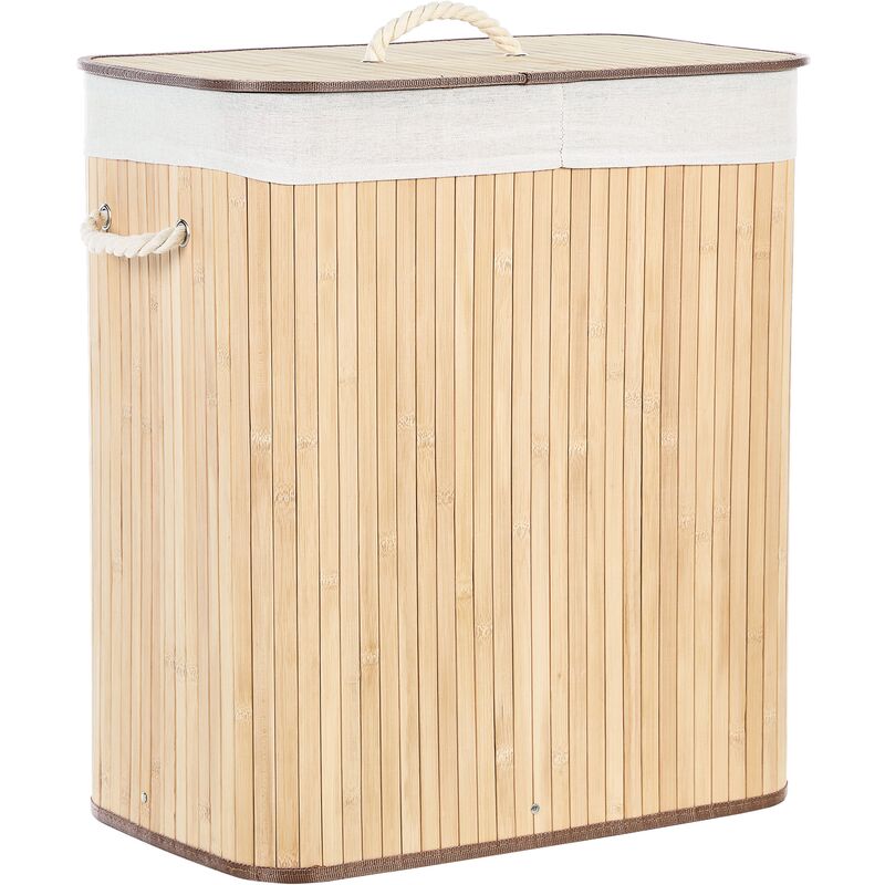 Bamboo Laundry Basket Hamper 2-Compartment with Lid Light Wood Kandy