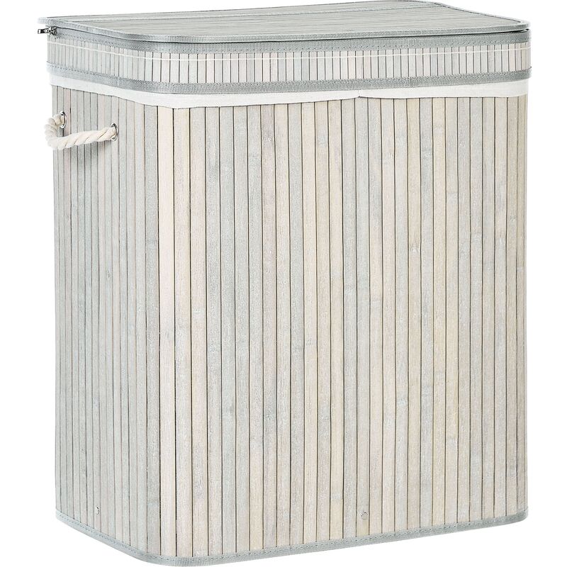 Bamboo Laundry Basket Hamper 2-Compartment with Zippered Lid Grey Kalthota