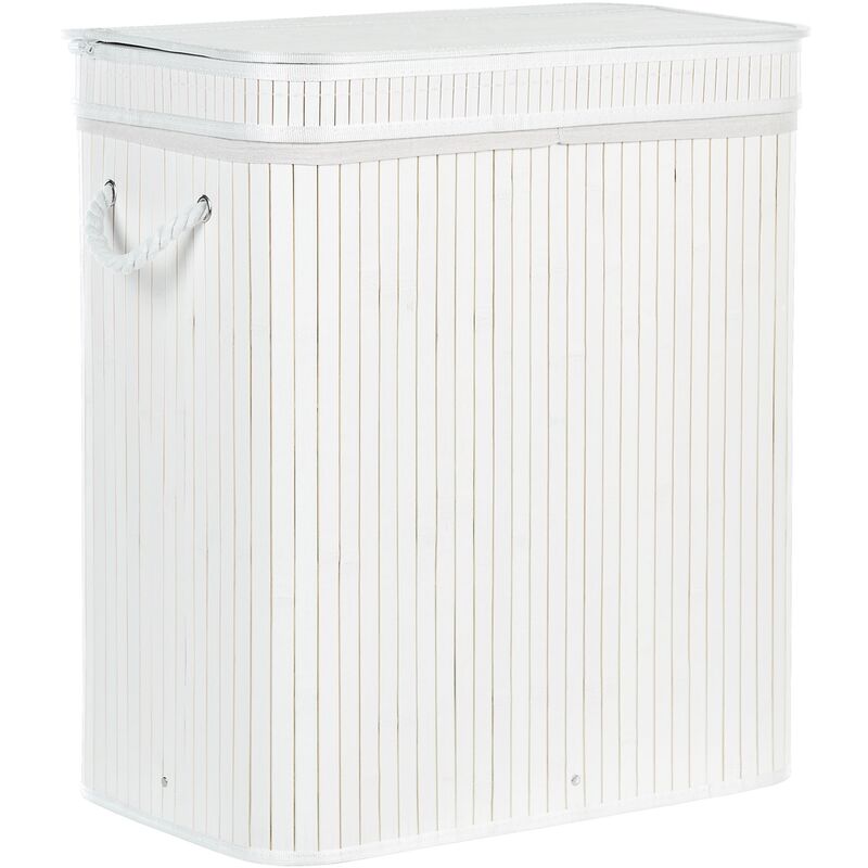 Bamboo Laundry Basket Hamper 2-Compartment with Zippered Lid White Kalthota