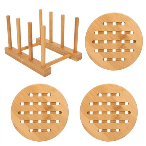 Bamboo Multifunctional Bowl Dish Draining Rack with Table Mat Insulation Pad Kit Kitchen ToolRound Shape Mat