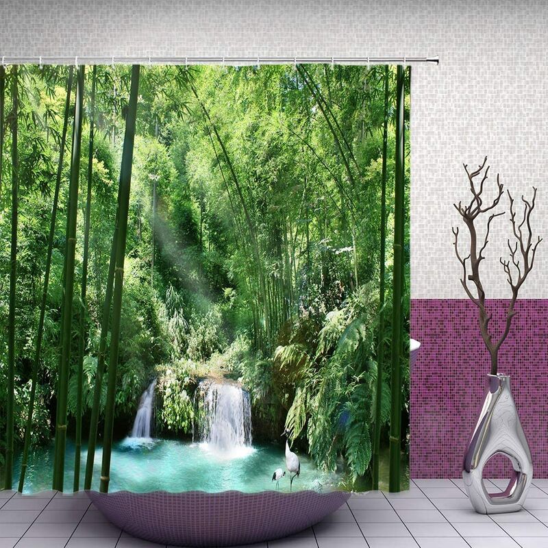 Bamboo shower curtain natural decoration green forest bathroom curtain accessories polyester fabric bathroom shower curtain set with hook