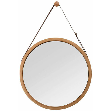 Bamboo Wall Mirror Round Hallway Mirror Bathroom Mirror with Adjustable Leather Strap 38cm
