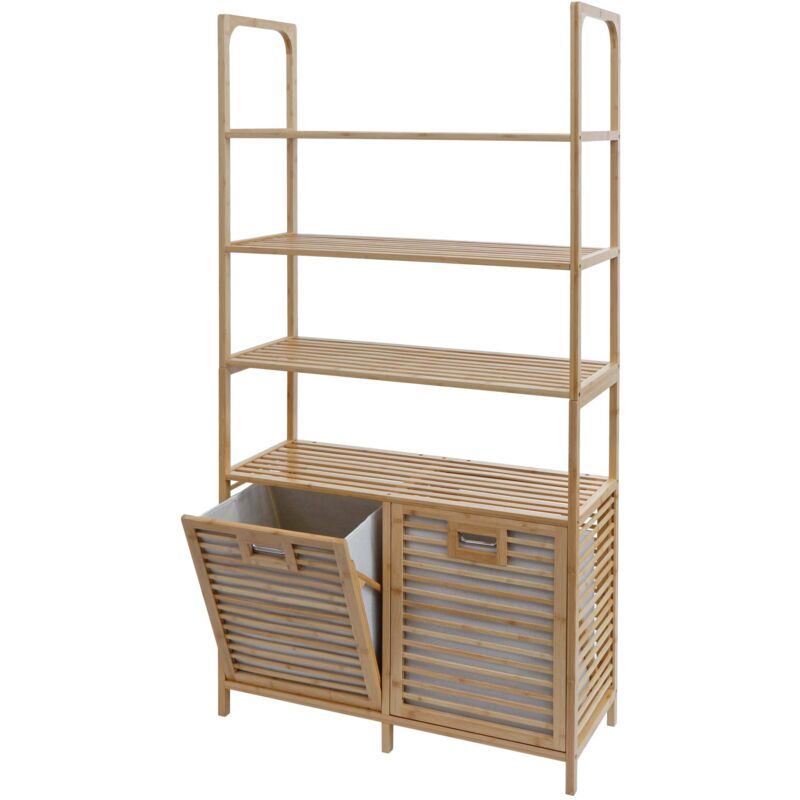 Armoire de salle de bain en bambou HHG 592, étagère, armoire de rangement, 2 paniers à linge 168x81x33cm