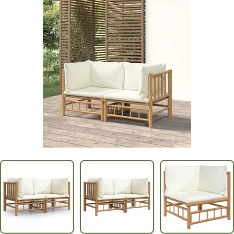 Bambú -  Sofás de esquina de jardín 2 uds bambú con cojines blanco crema