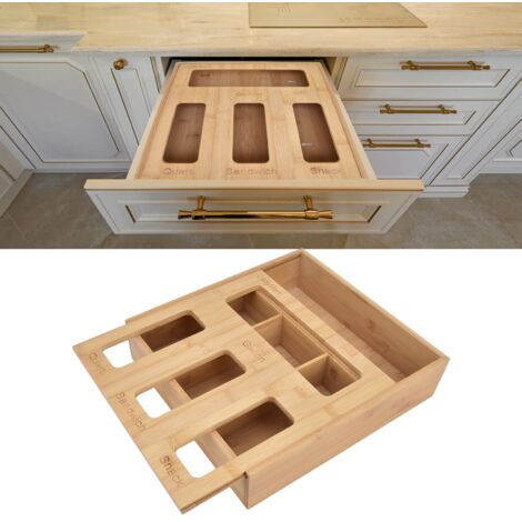 Bambus-Küchenbeutel-Organizer – Inklusive Aufklebern, 4 Fächer, beschriftbar, 32,5 x 30,5 x 7,6 cm