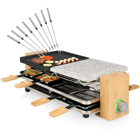 Bambus Raclette 8 Pers. Ablage für Pfännchen, Steinpatte, 2 x 21x23cm 1300Watt