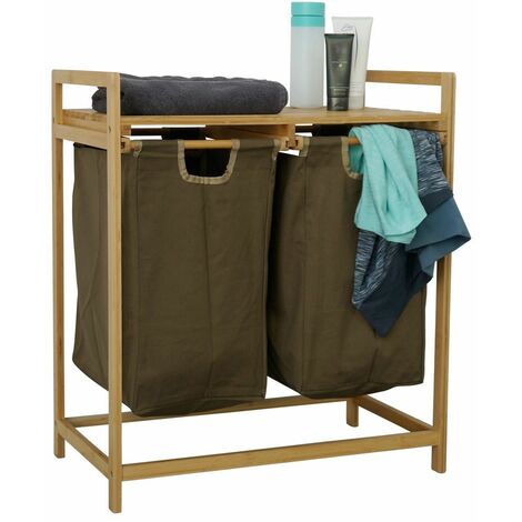 Bambus-Wäschesortierer - Armeegrün - 2 Fächer - Holz-Wäschekorb mit Regal