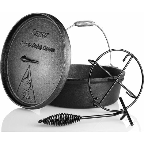 BAMNY Dutch Oven, Four Néerlandais, Casserole en Fonte, Support et Poignée en Forme de Spirale, Sans Pieds, Pré Traités et Guéris, Marmite en Fonte pour Barbecue, R?tissage, Cuisson