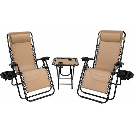 BAMNY 3-teiliges Sonnenliege Set, klappbar Liegestuhl mit verstellbarem Kopfpolster & Rückenlehne, Relaxliege für Mittagspause mit Beistelltisch & Getränkehalter, ergonomisch und atmungsaktiv, Beige
