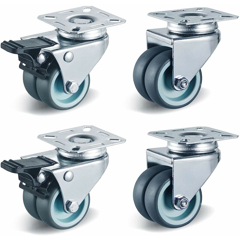 Liferun 4 pcs Double Roulettes Pivotantes, Roulettes Transports 50 mm, Roulettes de Meuble avec Frein, sans Bruit, Capacité de Charge 400 kg, 2