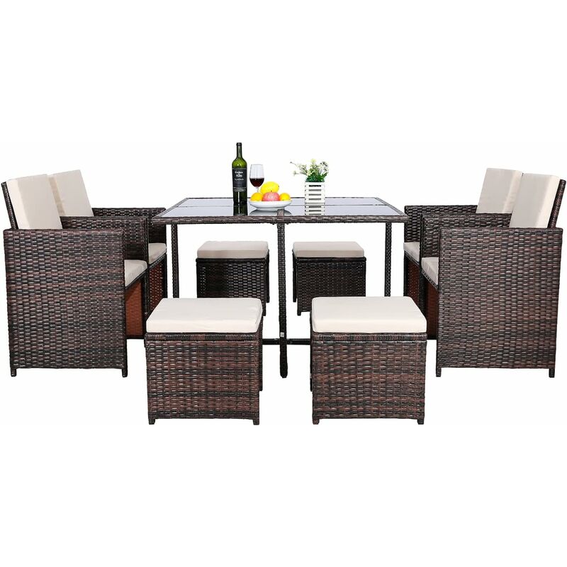 9-teiliges Rattan-Esstisch-Set, Gartenmöbel-Set, Esstisch, Stuhl, Rattan, Gartentisch-Set für Terrasse, Hof - Bamny