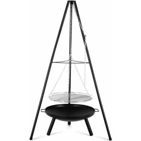 main image of "Bamny BBQ Fire Pit with Height-Adjustable Swivel Hanging Grill, Metal Fire Brazier φ54.5cm, Tripod 152cm and Adjustable Chain, Fire Bowl for 8-9 People, for Garden, Party, Back Yard, Camping"
