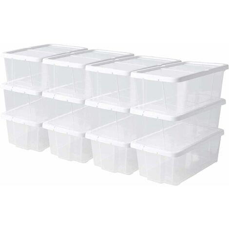 BAMNY Bote de Rangement Lot de 12, Bote en Plastique avec Couvercle et Serrure de Sécurité, Empilable et Transparent, pour Chaussures, Jouets, Vêtements, Nécessités Quotidiennes, 6 L (35 x 20 x 12,5cm