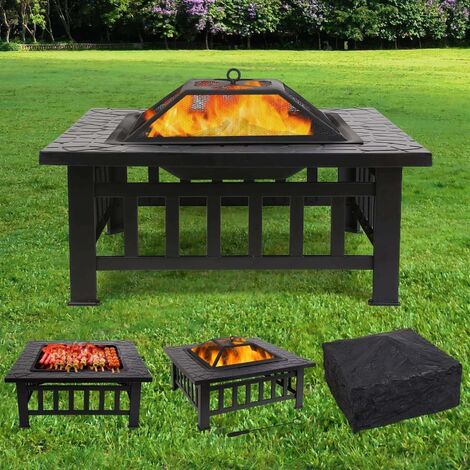 BAMNY Brasero Exterieur 81*81*44cm,Brasero de Jardin,Foyer de Barbecue/Chauffage,Terrasse BBQ,Brasero Barbecue,avec Grill,Couverture Étanche,Couvercle de Protection Contre Les Étincelles, Fête/Patio/Camp