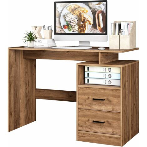 Bamny Computer Desk Writing Table Office Workstation Study Desk Laptop PC Desk with 2 Drawers and 1 Storage Compartment 108x48x76.5cm Oak