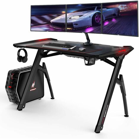 BAMNY Gaming Bureau de jeu 120cm avec lumières RVB, Bureau d'ordinateur de Bureau à domicile avec porte-gobelet et crochet pour casque, Gamer Table de jeu pour PC, Postes de travail informatiques, Noi