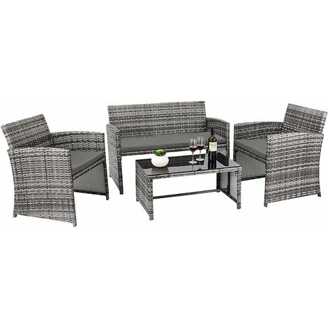 BAMNY Garden Furniture Set, PE Rattan Garden Furniture Sets, Glass Coffee Table, 2 Seater Sofa and 2 Armchair for 4 People, Comfortable Gray Cushion, For Garden, Terrace and Balcony