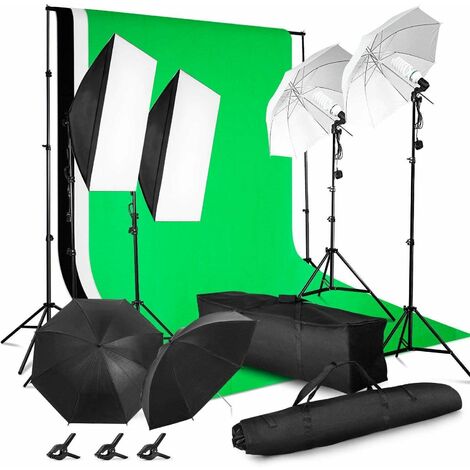 BAMNY Kit Studio Photo Professionnelle avec Système de Fond 2 x 3 m, Softbox Parapluies 5500K pour Studio Photo, Photographie, Production et Enregistrement Vidéo