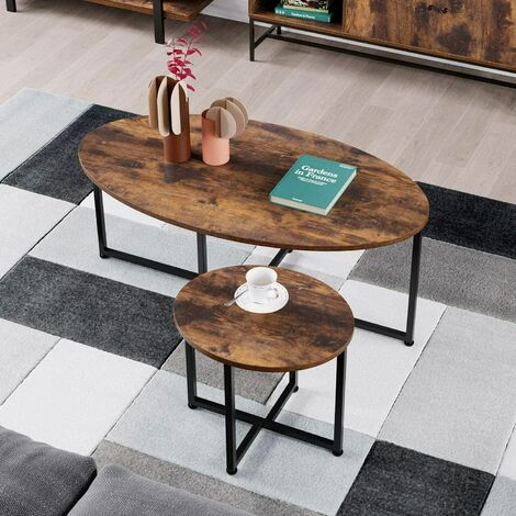 main image of "Bamny Oval Side Tables Set of 2 Industrial Coffee Tables End Tables Wooden Bedside Tables with Metal Frame"
