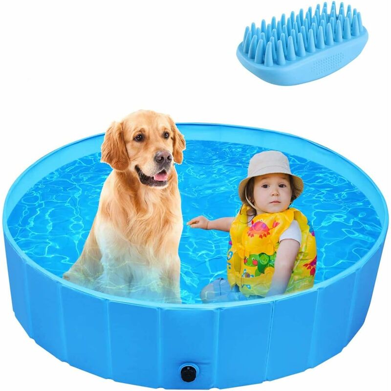 Piscine Chien Grand, Baignoire Bassine Pliable PVC, avec Brosse, Antidérapant Facile à Nettoyer, pour Chien/Chat Animal Extérieur ou Intérieur (80