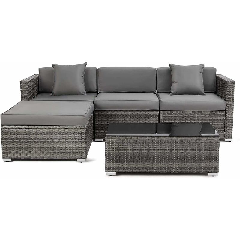 BAMNY Polyrattan Garten Sofa Lounge Couch,Sitzgruppe Lounge,Rattan Gartenmöbel Sets 5 Teilig mit Glastisch Outdoor,Verstärkter