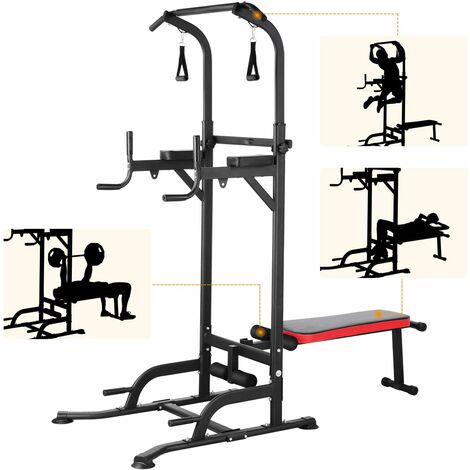 Bamny Power Tower Dip Station with Folding Weight Bench, Pull-Up Bar for Strength Training Equipment for Home Gym Including Training Bands, Load Capacity up to 200 kg