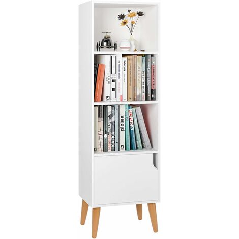 BAMNY Scaffale Libreria Multifunzionale Salvaspazio con 1 Porte da Soggiorno Mobile Soggiorno in Legno 4 Ripiani Mobili Cassettiere con Gambe da Ufficio e Casa (Bianco)