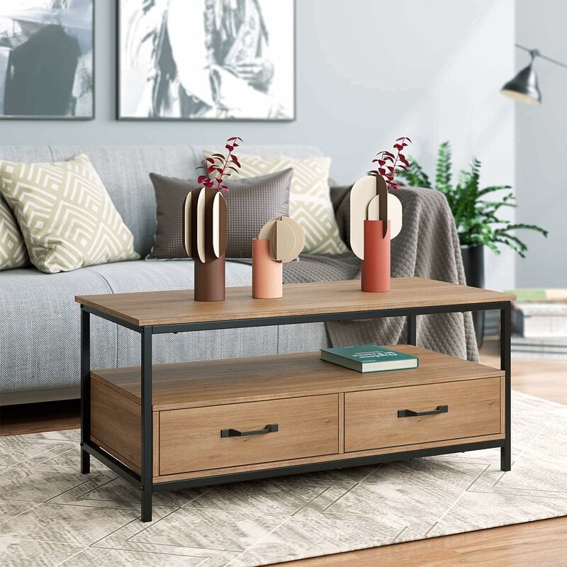 bamny - table de basse salon industriel avec 2 tiroirs rangement tv en bois et metal marron 106 x 50 48 cm