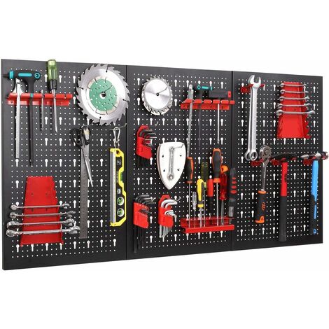 BAMNY Werkzeuglochwand aus Metall mit 17 teilge Hakenset 120 x 60 x 2 cm, Werkzeugwand Lochwand für Werkstatt, Schwarz und Rot
