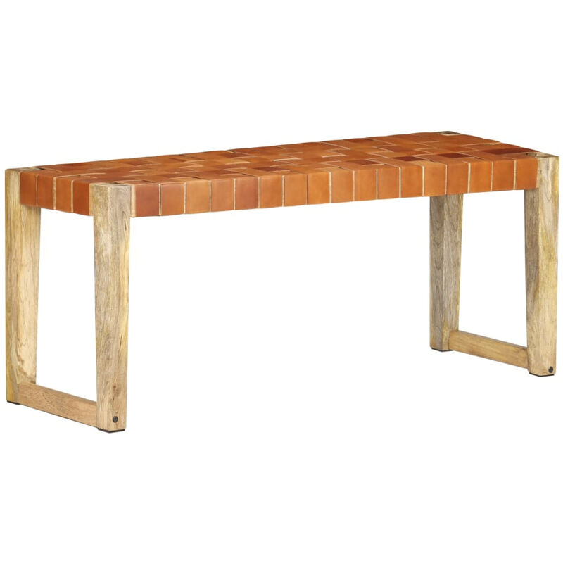 Banc 110 cm Marron Cuir veritable et bois de manguier massif