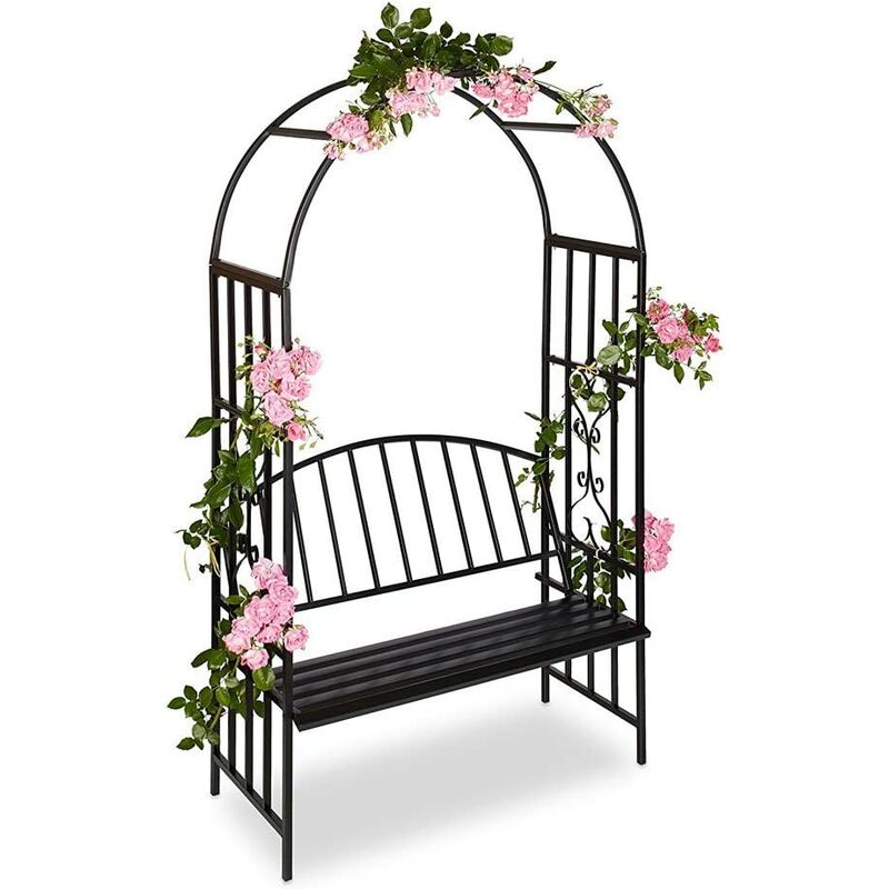 Banc 2 places avec arche de jardin pour rosiers et plantes en métal 110x50x205 cm