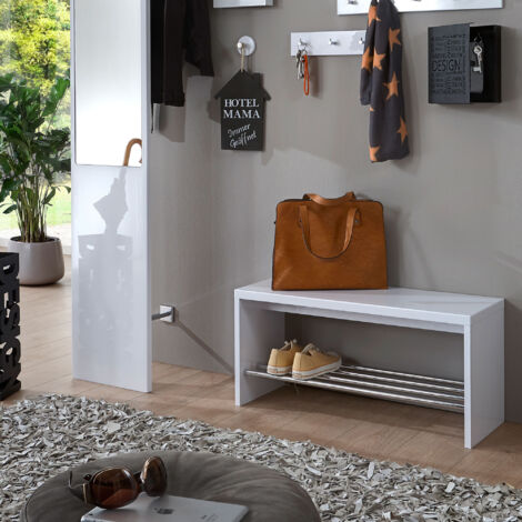 Banc 81x30x40 cm en bois blanc brillant et métal chromé