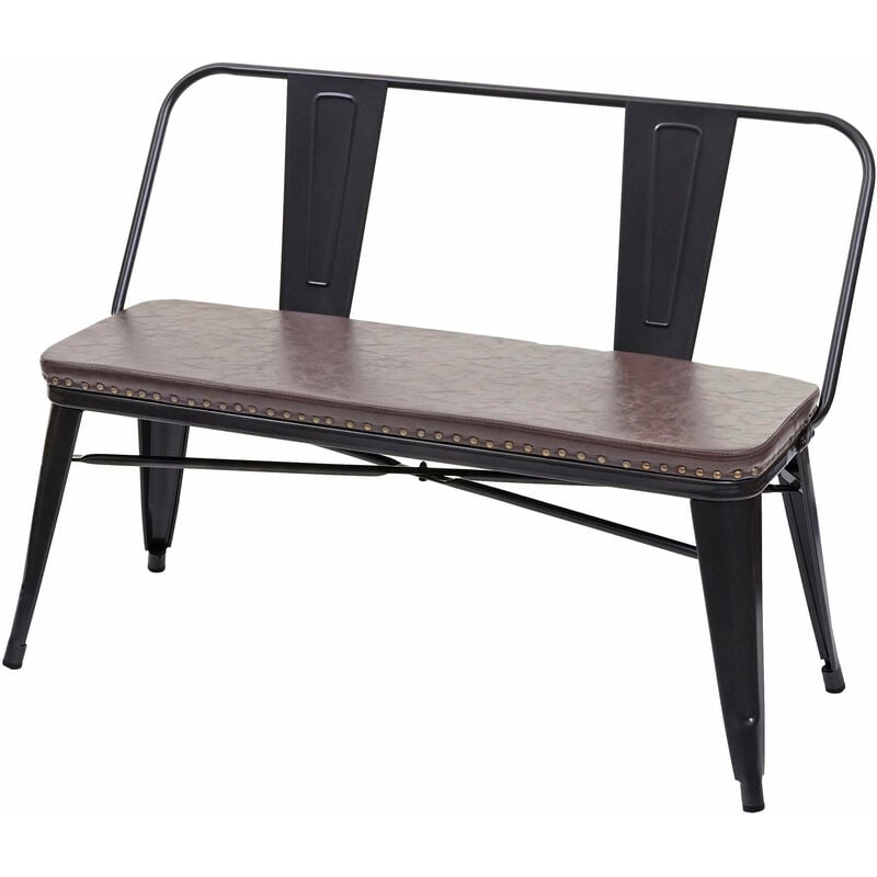 Banc à 2 places, HWC-H10, pour vestiaire, salle à manger, design industriel-vintage, similicuir - noir-marron