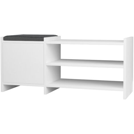 Banc à chaussures 1 porte avec coussin rembourré recouvert de tissu gris. Couleur Blanc. (Hauteur 44 cm/Largeur 100 cm/Profondeur 35 cm)