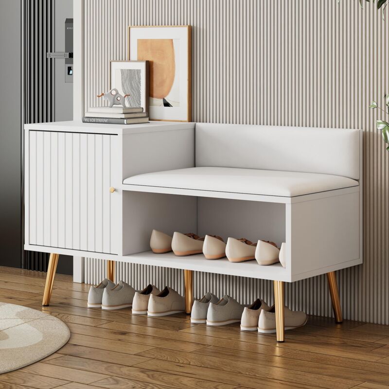 Banc à chaussures 100 cm avec assise rembourrée, tiroirs et espace ouvert, meuble à chaussures avec dossier et pieds en métal, Blanc