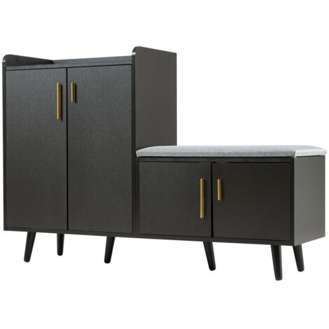 Banc à Chaussures 120×34×82 cm, Meuble à Chaussures Finition Noyer Noir avec 4 Portes pour Entrée