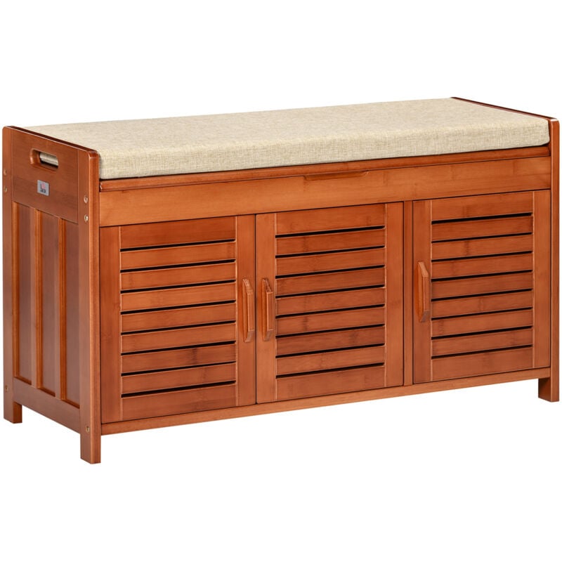 Banc à chaussures 3 portes et compartiment style exotique bois bambou verni coussin tissu beige