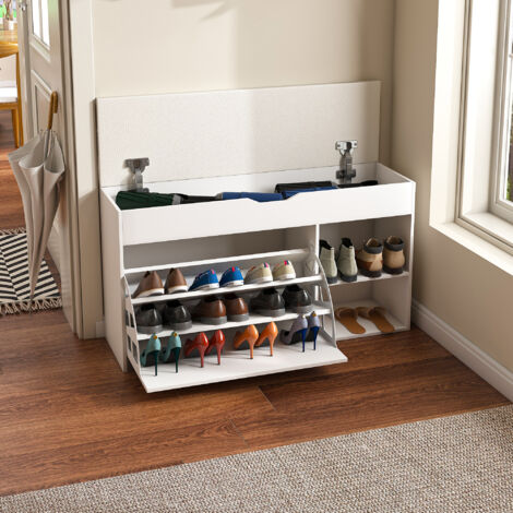 Banc à chaussures autoportant design minimaliste W100xD30xH52cm. Compartiment de rangement caché,adapté entrée et salon,couleur blanche.