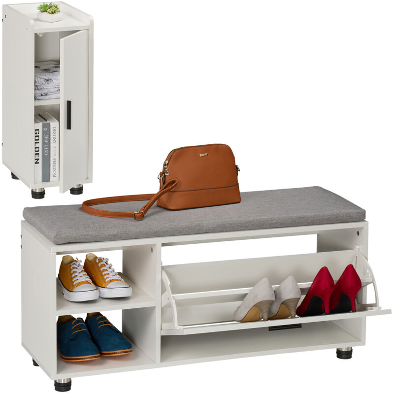 Relaxdays - Banc à chaussures avec siège et armoire, meuble à chaussures avec banc, rangement, hall et chambre, blanc-gris