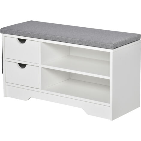 Banc à chaussures avec assise, étagères et 2 tiroirs, capacité de 4 paires de chaussures, 80,5 x 30,5 x 43,5 cm, blanc et gris